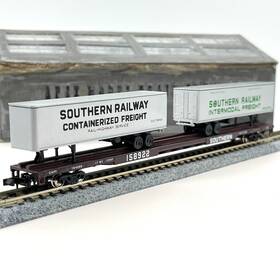 0001-01206c Con-cor 1206c Southern Railway 90ft Piggyback Flat Car 2 Trailers 158922 N Scale