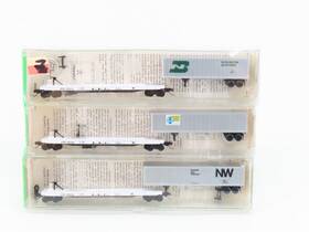 64012 Kadee Micro-trains Line N Mtl Atsf 57ft Tofc Flat Cars 3-pack With Trailers -sealed