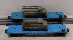 6830 Lionel 6800 6801 6818 6828 2 Blue Flat Cars With Army Trucks 3830 And Cool Stuff Ready To Run