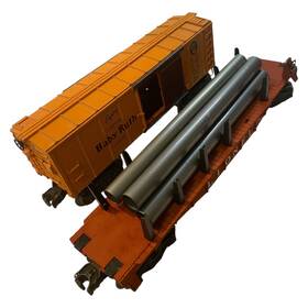 X2454br Lionel Lot Of 2 O Gauge Prr Baby Ruth Boxcar 6511 Pipe Flat Car 4 Pipes