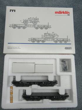 43981 M Rklin 48661 Ho - Heavy Duty Stake Car Set W Die Cast Caterpillar Load Nos
