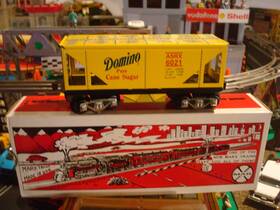 6021 Marx 7665 Modern #6021 Yellow Covered Gondola Car Domino Rr 8-wheel Tinplate Nib