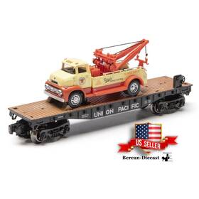 279-8314 Menards O Gauge Union Pacific Flatcar With 1/48 Ray S Wreckers Texaco Tow Truck