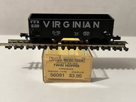 56080-56081 Micro-trains Line Mtl Kadee 56081 Virginian 33ft 2 Bay Hopper 2106 Yellow Label N