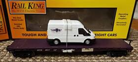 30-76674 Mth Rail King Transit Flat Car With Ford Van #30-76674 Anniv Club 2017