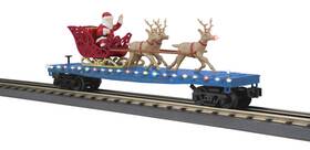 30-76946 Mth O Railking North Pole Blue Flat Car Led Lights Sleigh Reindeer New In Box