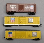 Scale Atlas Union Pacific 3 Box Cars 40' & 50' With Knuckle Couplers. Fixed Price $35.00.