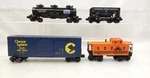 4 Lionel Trains Freight Cars Tank, Ore High Cube, Box & Caboose. Fixed Price $29.99.