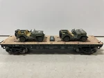 Menards Scale 279-3479 Army Flat Car With Two Jeeps. Fixed Price $49.95.