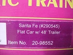 Mth 98552 O Gauge Flat Car W/ 48' Trailer - Santa Fe 290545. Fixed Price $175.00.