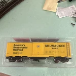 Menards Milwaukee Road Boxcar Gauge Yellow 16195 279-4530. Fixed Price $15.00.