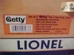 Lionel,,,,,# 26973,,,,,,,,GETTY Die-cast Tank Car Pak. Fixed Price $269.99.