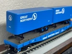 Great Northern- 50FT Flat Car W/two 25 Trailer Big Sky Blue Tofc Ho Scale New. Fixed Price $65.95.