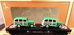 Lionel #6-36001 Gauge Route 66 Flatcar With 2 Green & Cream Station Wagons. Fixed Price $35.99.