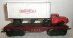Vintage Marx Erie Flat With Linemar Red Tin Tractor & Burlington Trailer Load. Fixed Price $129.99.
