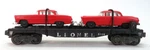 Lionel Trains No. 6424 Flat Car W/ Red Automobiles, Gauge. Fixed Price $50.00.