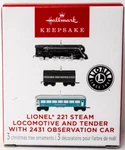 Hallmark Lionel 221 Steam Engine Tender 2431 Observation Car Set Of Ornament. Fixed Price $23.99.