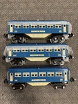 + Mth Gauge Tinplate 2600 Series 2612 2613 Two Tone Blue Car Passenger Set. Fixed Price $350.00.