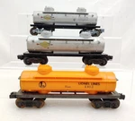 3 Lionel Trains Postwar (2) Dome Tank Cars Gray (1) Orange 6465-85. Fixed Price $24.99.