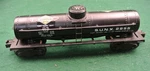 Early Lionel Sunoco Black, Single Dome Tank Car, Gauge 2955. Fixed Price $105.00.