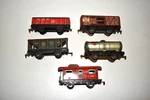 5 Prewar 1930S Marx Train 4 Wheel Freight Cars Tab & Slot Couplers Tin Litho. Fixed Price $35.00.