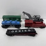 Marx Gauge Train Cars Lot Gray Crane Wrecker Flat Box Trailer Work Caboose. Fixed Price $39.95.