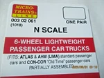 Micro-trains Stock # 00302061 (1018) 6-WHEEL Lightweight Passenger Car Trucks (n. Fixed Price $17.50.